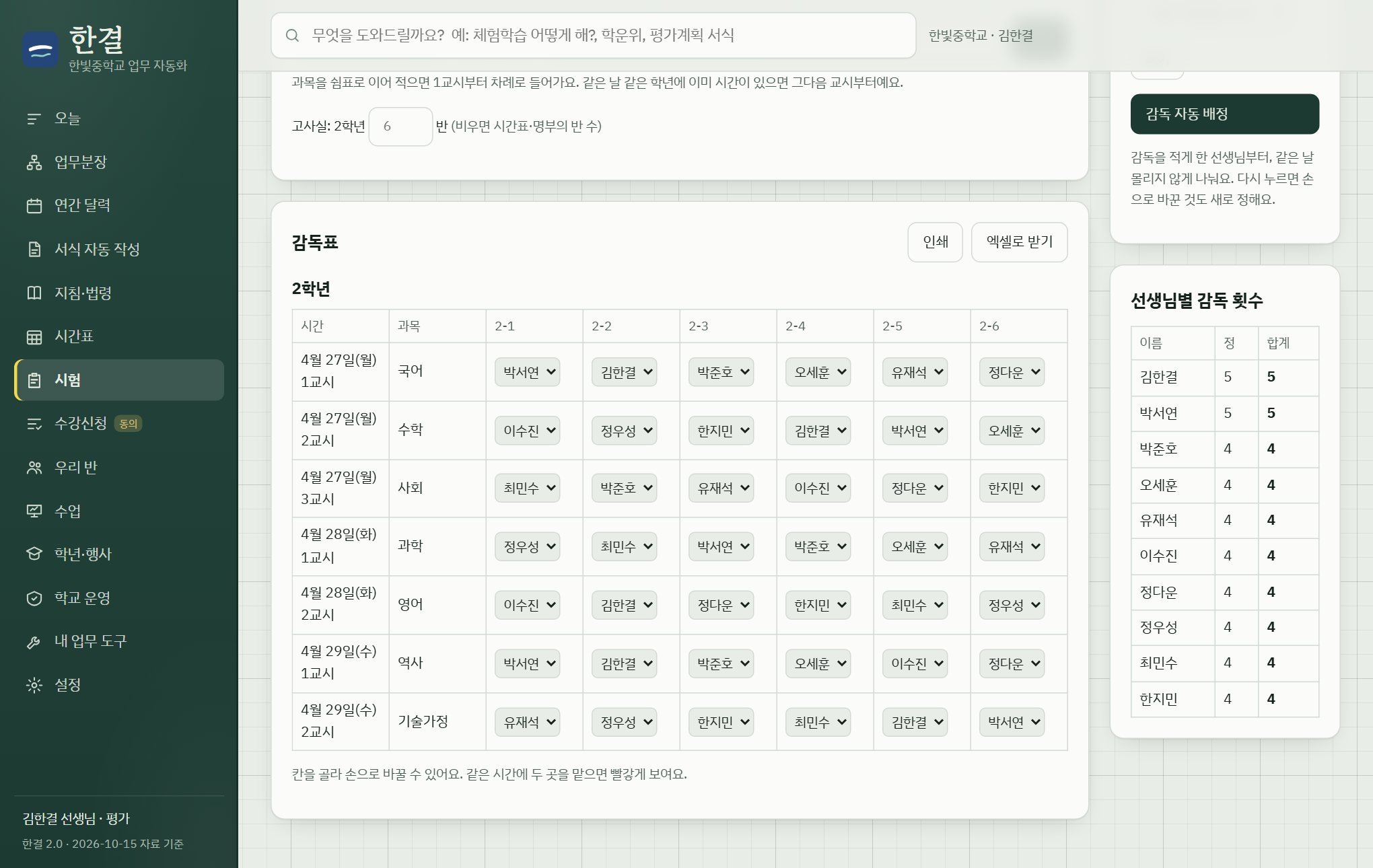 시험 감독표와 선생님별 감독 횟수